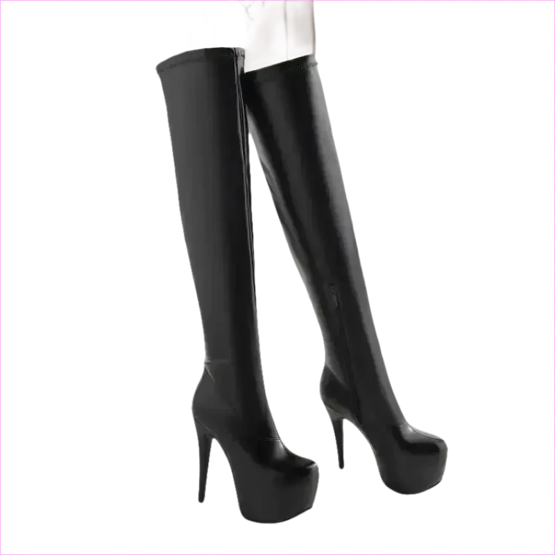 Black Thigh-high Platform Boots with Stiletto Heels for Ladies - Pleasures and Sins