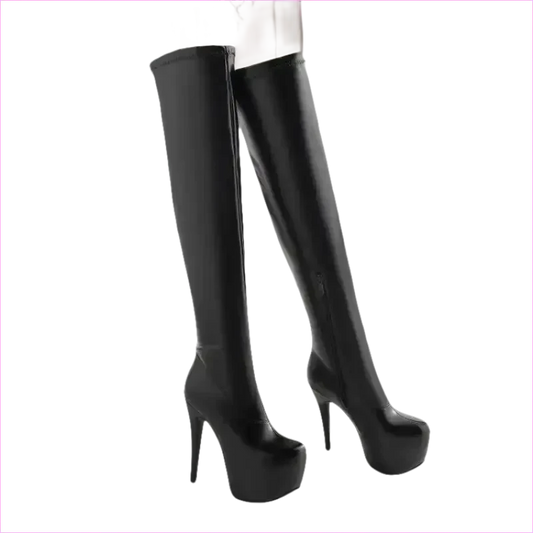 Black Thigh-high Platform Boots with Stiletto Heels for Ladies - Pleasures and Sins