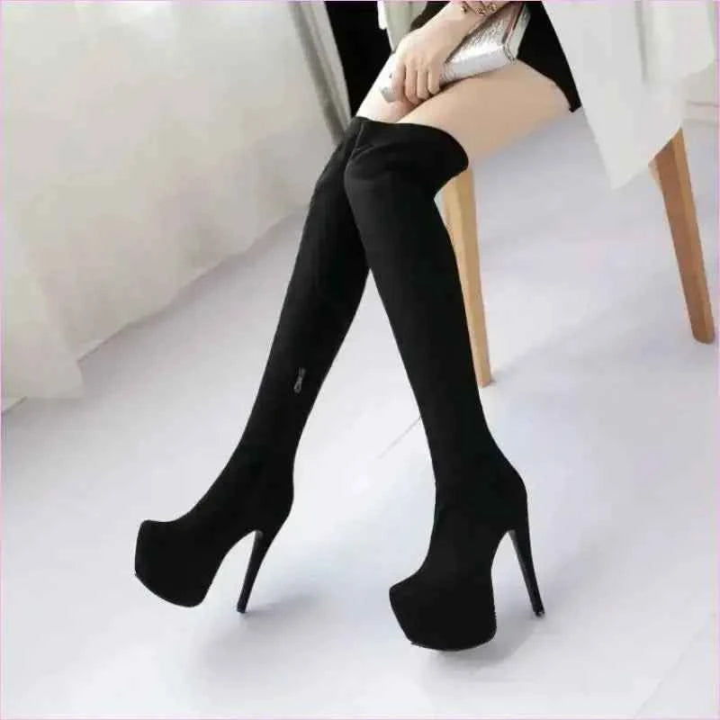 Black Thigh-high Platform Boots with Stiletto Heels for Ladies - Pleasures and Sins