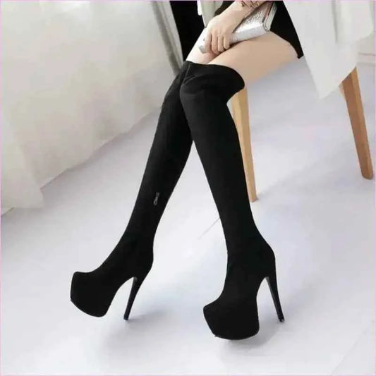 Black Thigh-high Platform Boots with Stiletto Heels for Ladies - Pleasures and Sins
