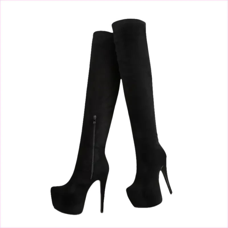 Black Thigh-high Platform Boots with Stiletto Heels for Ladies - Pleasures and Sins