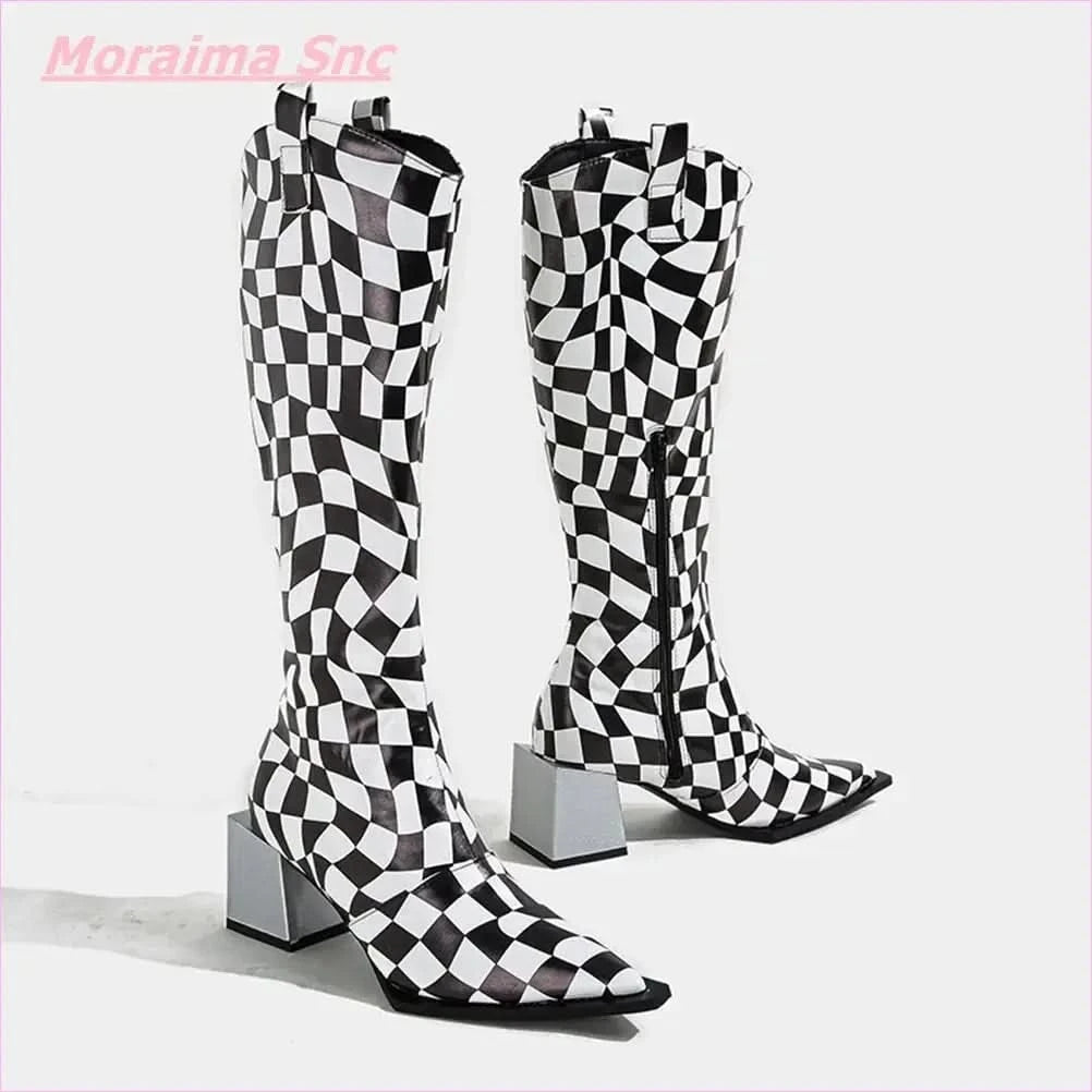 Black White Checkerboard Pointed Women's Boots with Square Heel - Pleasures and Sins
