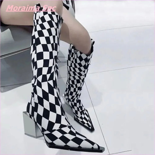 Black White Checkerboard Pointed Women's Boots with Square Heel - Pleasures and Sins