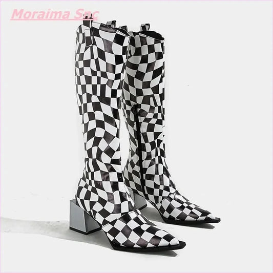 Black White Checkerboard Pointed Women's Boots with Square Heel - Pleasures and Sins