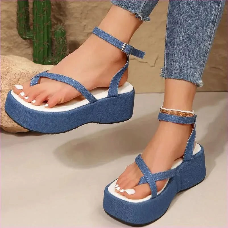 Blue Denim Thong Open Toe Thick-wedge Womens Sandals - Pleasures and Sins