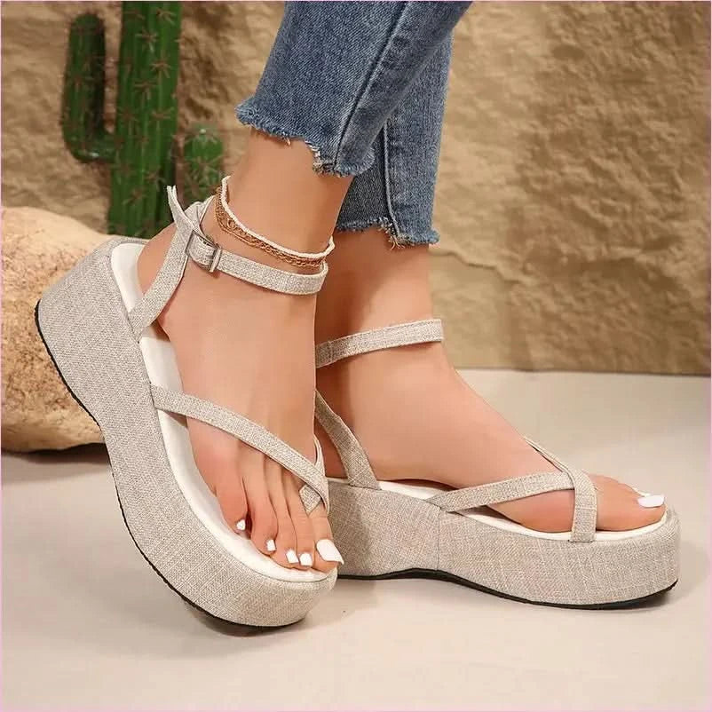Blue Denim Thong Open Toe Thick-wedge Womens Sandals - Pleasures and Sins