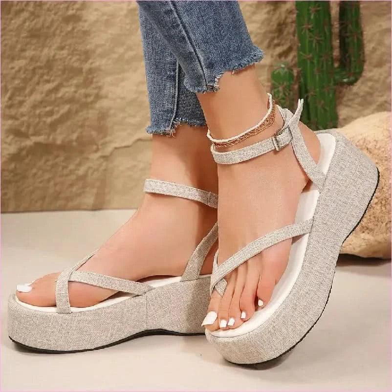 Blue Denim Thong Open Toe Thick-wedge Womens Sandals - Pleasures and Sins