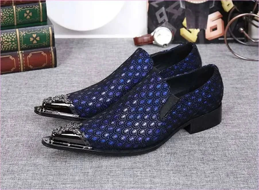 Blue Leather Peacock Patterned Shoes with Metal Toe Cap - Pleasures and Sins