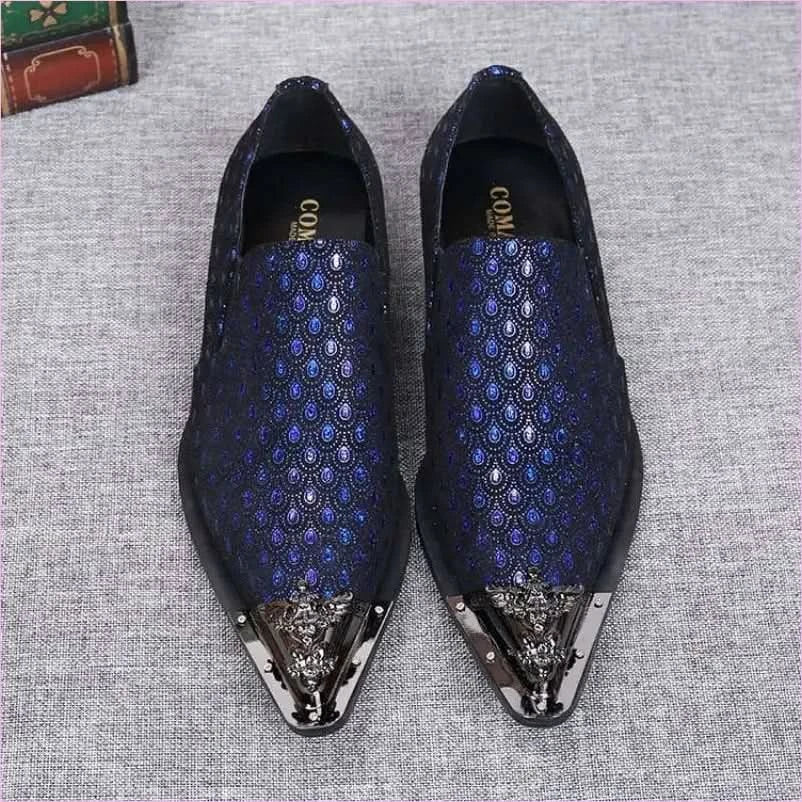 Blue Leather Peacock Patterned Shoes with Metal Toe Cap - Pleasures and Sins