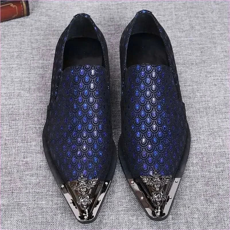 Blue Leather Peacock Patterned Shoes with Metal Toe Cap - Pleasures and Sins