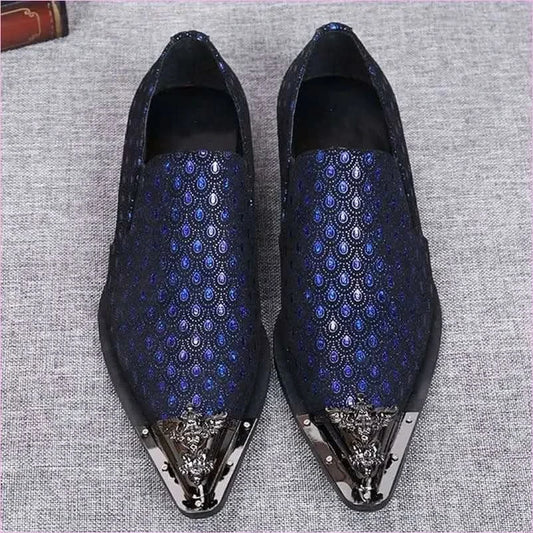 Blue Leather Peacock Patterned Shoes with Metal Toe Cap - Pleasures and Sins