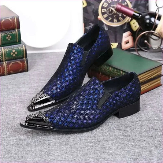 Blue Leather Peacock Patterned Shoes with Metal Toe Cap - Pleasures and Sins