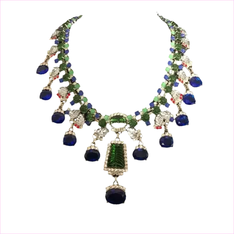 Blue Rhinestone Necklace and Earrings Set with Gemstone Accents - Pleasures and Sins
