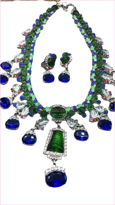 Blue Rhinestone Necklace and Earrings Set with Gemstone Accents - Pleasures and Sins