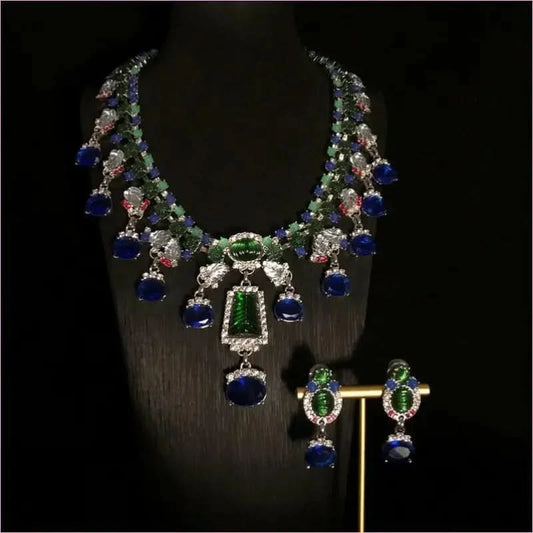Blue Rhinestone Necklace and Earrings Set with Gemstone Accents - Pleasures and Sins