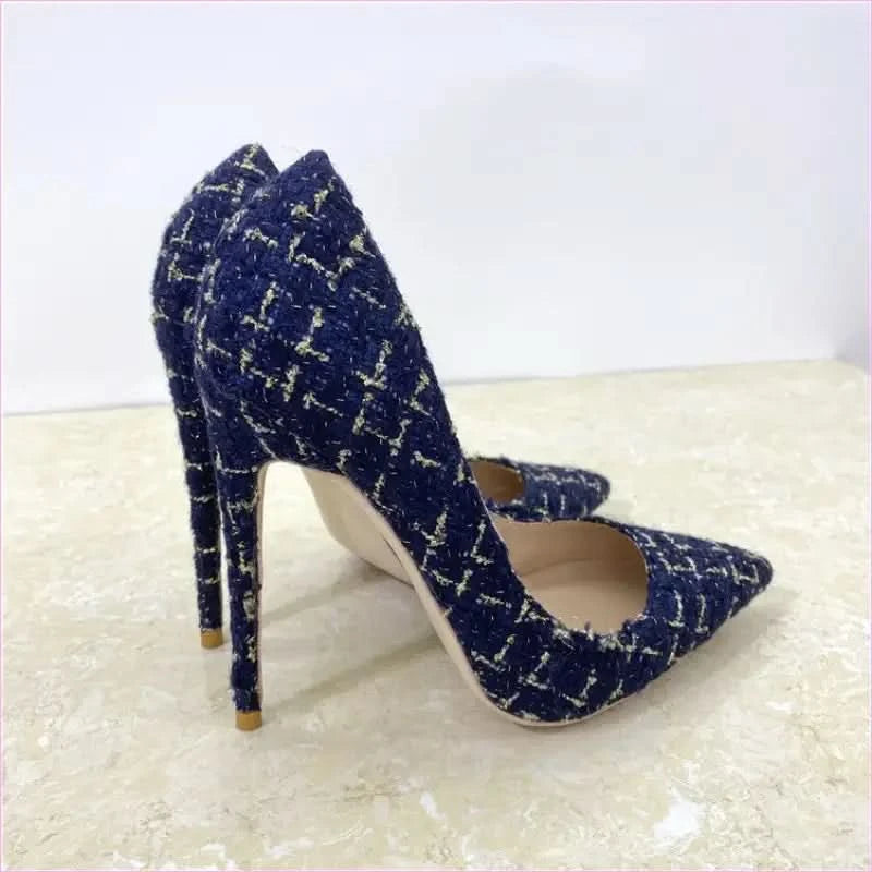 Blue Woven High Heel Stiletto Shoes with Floral Pattern - Pleasures and Sins