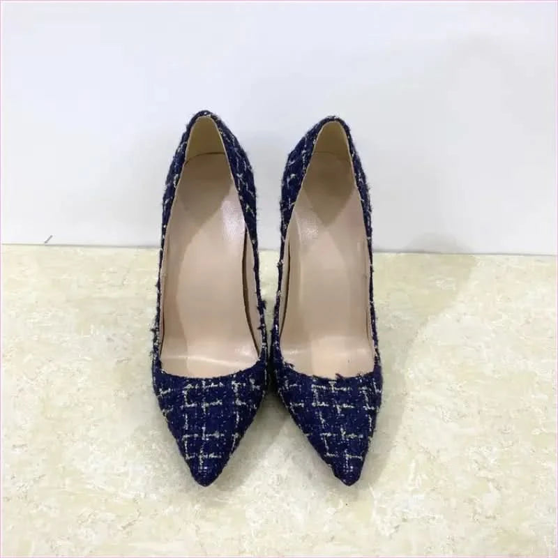 Blue Woven High Heel Stiletto Shoes with Floral Pattern - Pleasures and Sins