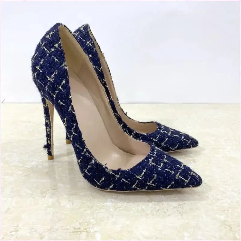 Blue Woven High Heel Stiletto Shoes with Floral Pattern - Pleasures and Sins