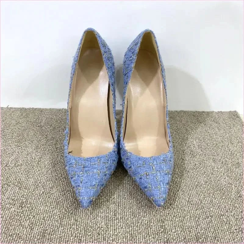 Blue Woven High Heel Stiletto Shoes with Floral Pattern - Pleasures and Sins