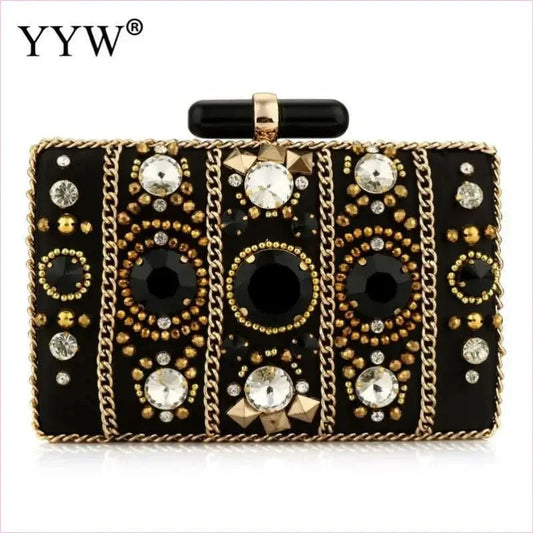 Bohemia Style Rhinestone Cocktail Clutch in Black Satin - Pleasures and Sins
