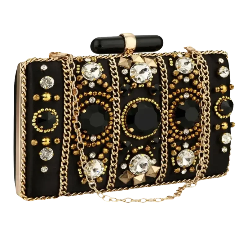 Bohemia Style Rhinestone Cocktail Clutch in Black Satin - Pleasures and Sins