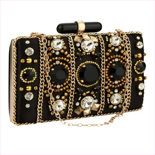 Bohemia Style Rhinestone Cocktail Clutch in Black Satin - Pleasures and Sins
