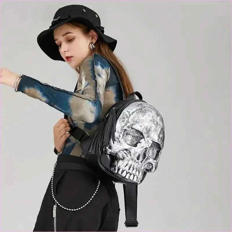Bold Embossed Three-dimensional Skull Punk Backpack with Fringe - Pleasures and Sins