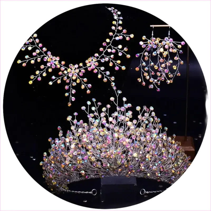 Bridal Headdress Crown Set with Colored Diamond Necklace and Earrings - Pleasures and Sins