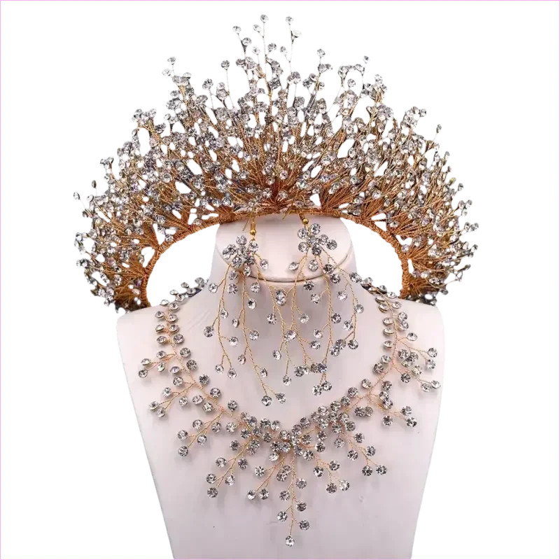 Bridal Headdress Crown Set with Colored Diamond Necklace and Earrings - Pleasures and Sins