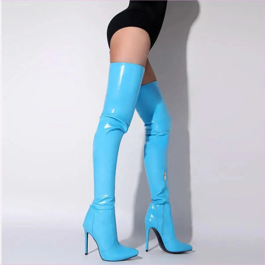 Bright Blue Slim Fitting Pointed-toe Long Stiletto Boots for Women - Pleasures and Sins