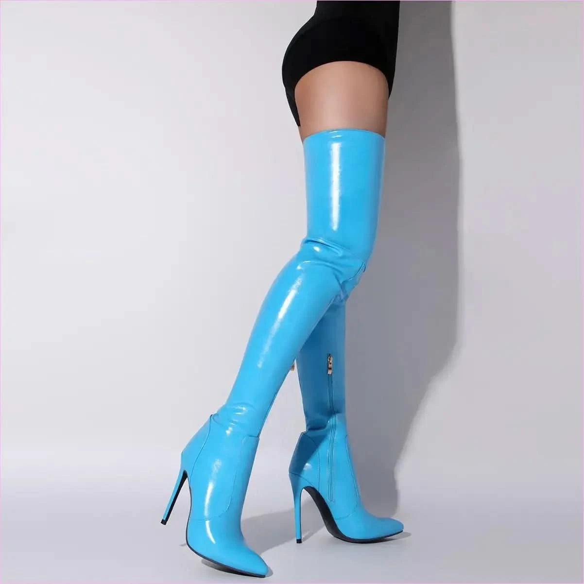 Bright Blue Slim Fitting Pointed-toe Long Stiletto Boots for Women - Pleasures and Sins
