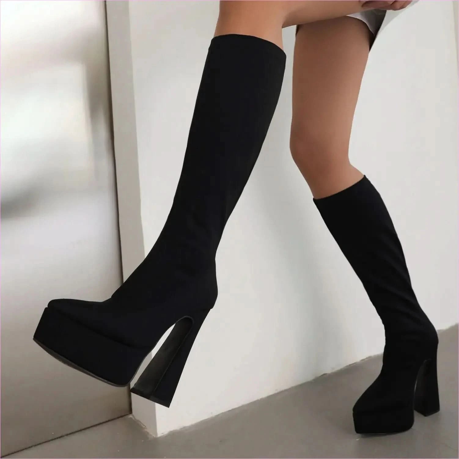 Bright Purple Unisex Knee High Platform Heel Pointed Boots in Satin Style - Pleasures and Sins