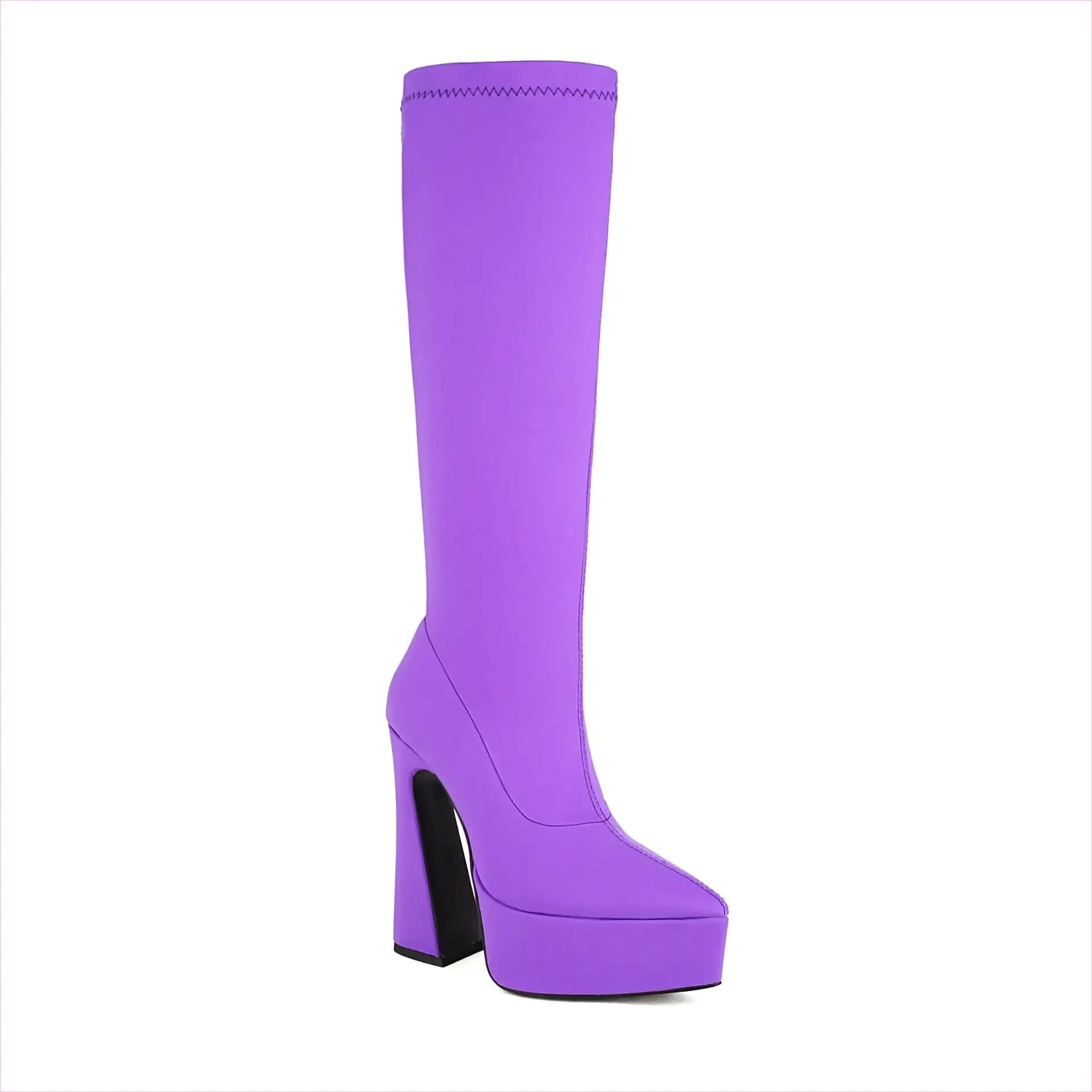 Bright Purple Unisex Knee High Platform Heel Pointed Boots in Satin Style - Pleasures and Sins