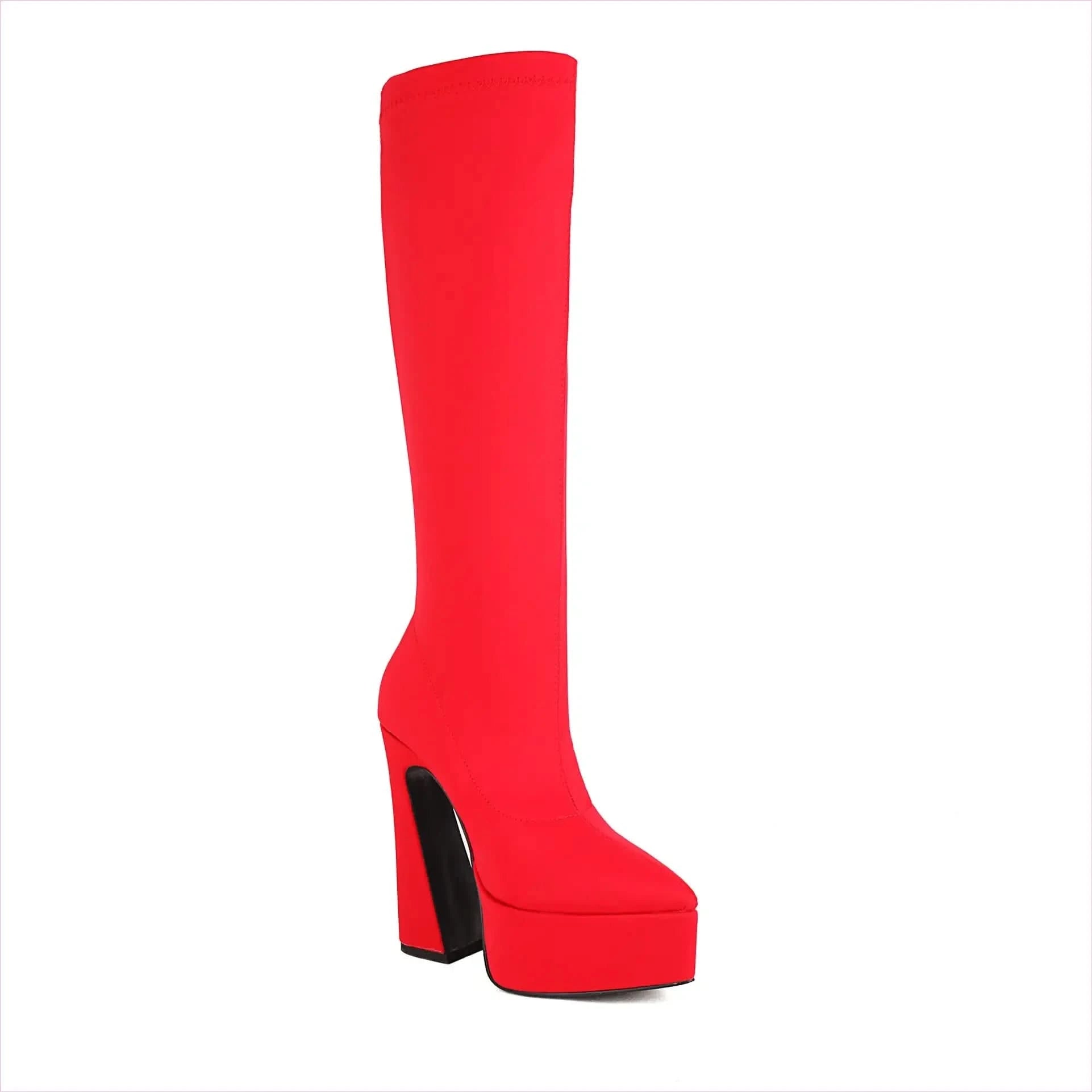 Bright Purple Unisex Knee High Platform Heel Pointed Boots in Satin Style - Pleasures and Sins