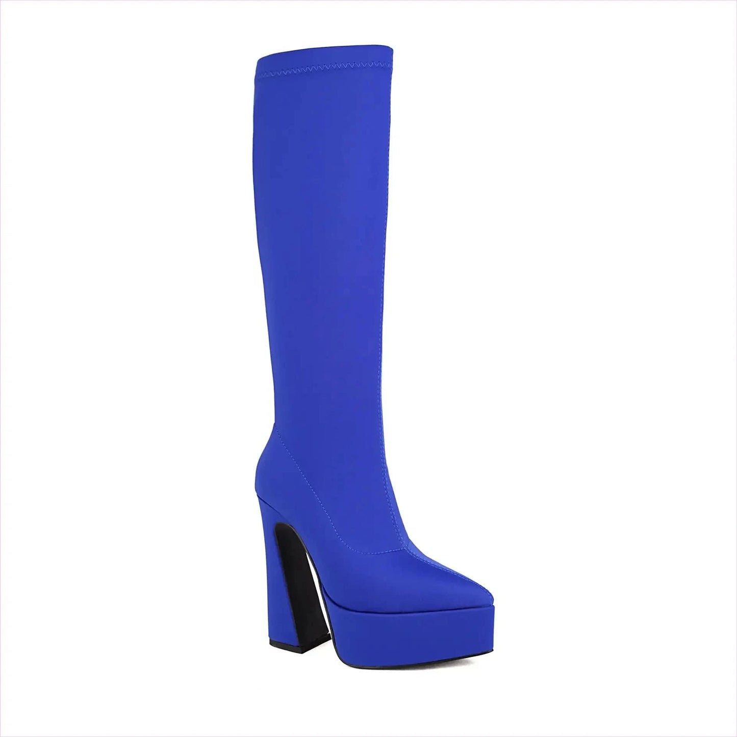 Bright Purple Unisex Knee High Platform Heel Pointed Boots in Satin Style - Pleasures and Sins