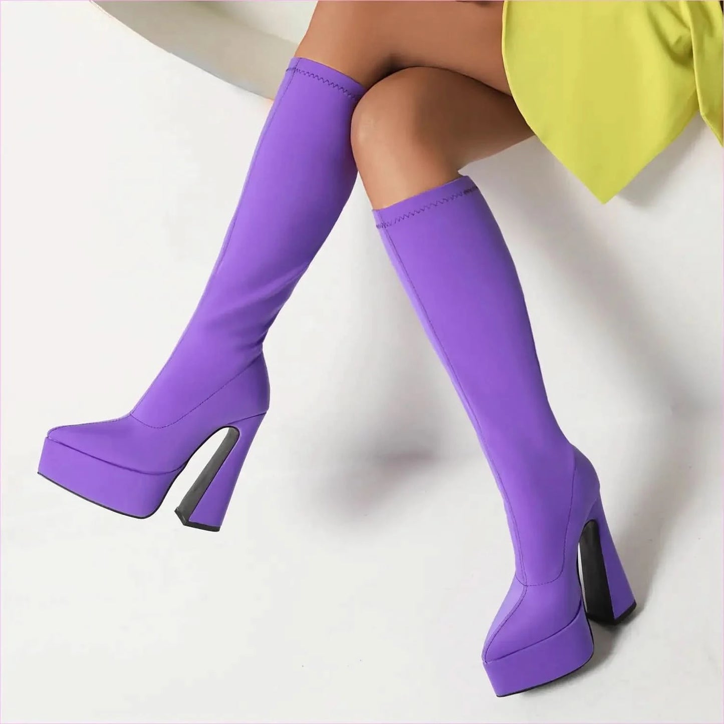 Bright Purple Unisex Knee High Platform Heel Pointed Boots in Satin Style - Pleasures and Sins