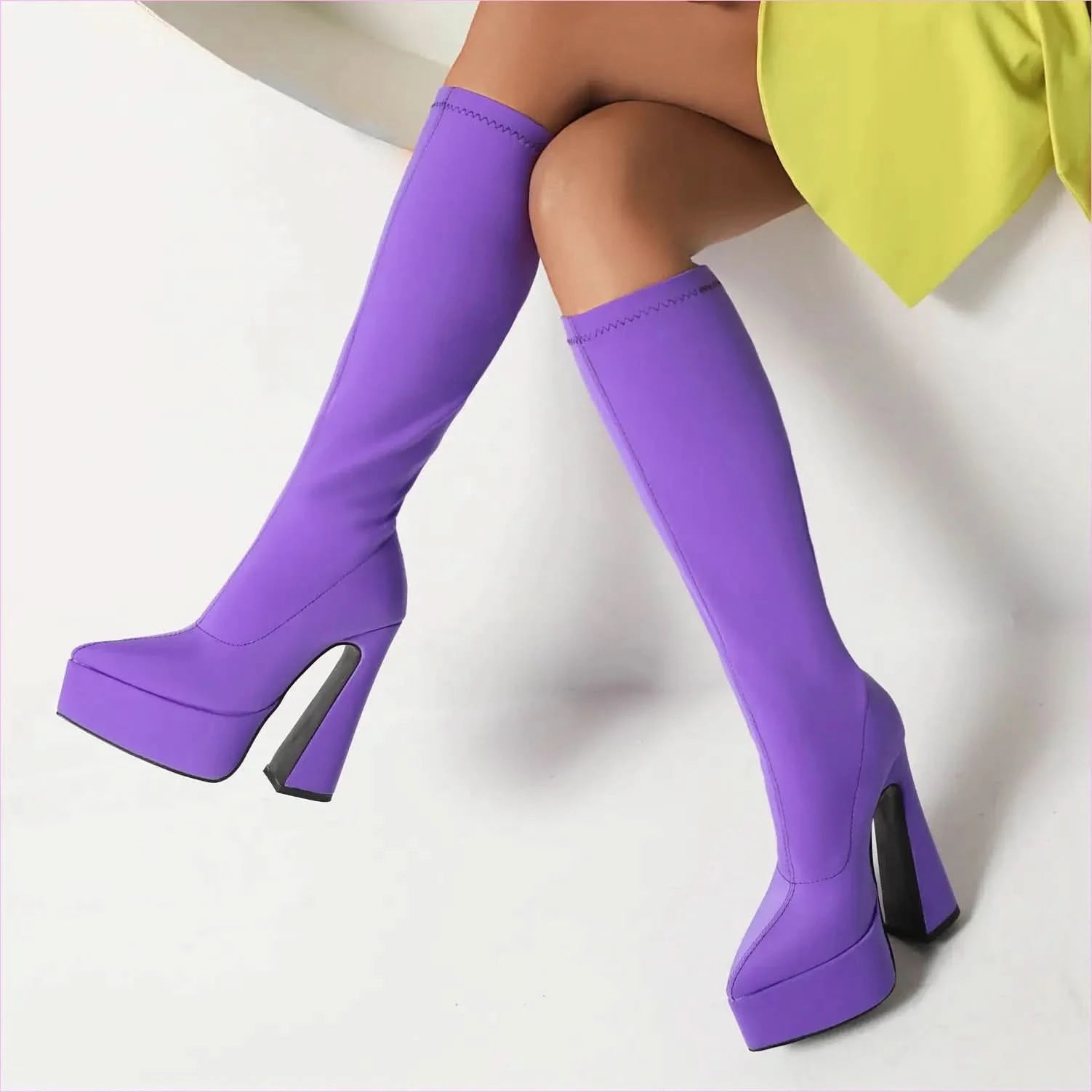 Bright Purple Unisex Knee High Platform Heel Pointed Boots in Satin Style - Pleasures and Sins