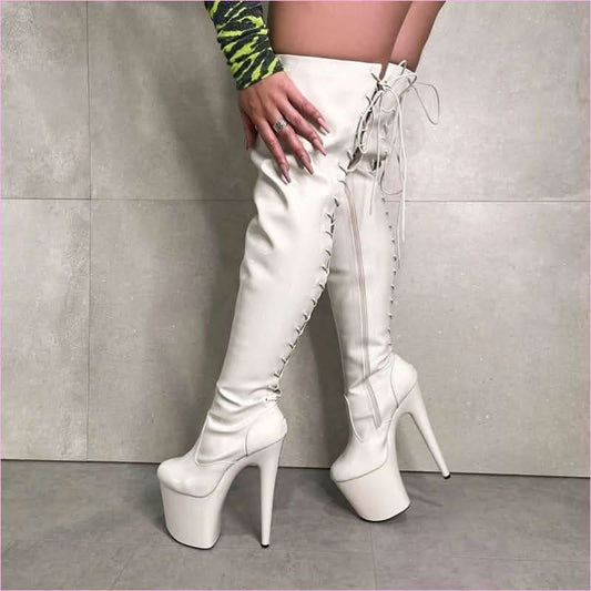 Bright Red Knee Boots 8inch Platform for Nightclub and Drag Style. Also In White, HALF PRICE For This Week Only - Pleasures and Sins