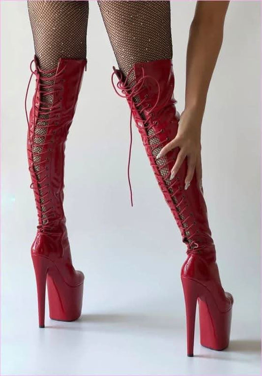 Bright Red Knee Boots 8inch Platform for Nightclub and Drag Style. Also In White, HALF PRICE For This Week Only - Pleasures and Sins