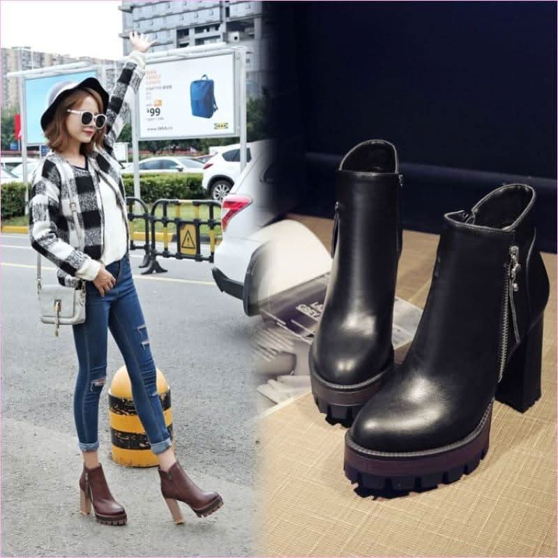 British Retro High Heel Boots with Thick Sole for Comfort and Style - Pleasures and Sins