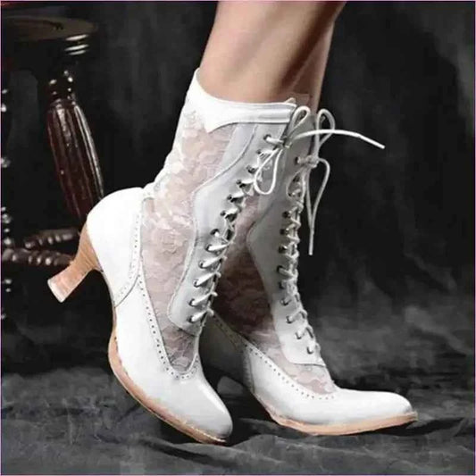 British Style Steampunk Lace-panelled Ladies Boots in White - Pleasures and Sins