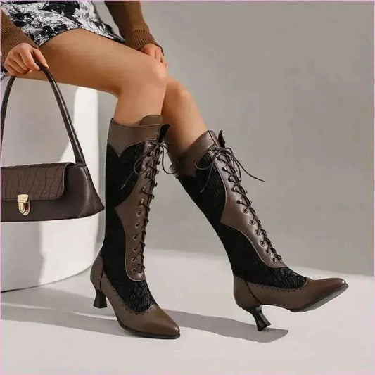 Brown and Black Victorian Style Steampunk Lace Pointed Toe Boots - Pleasures and Sins