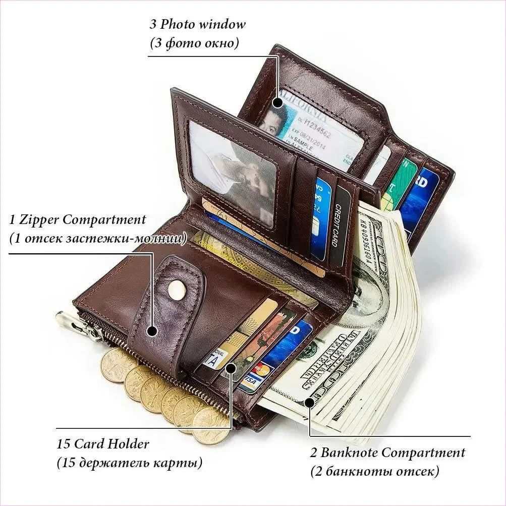 Brown Anti-loss Mens Leather Wallet with Rfid and Zip Compartment - Pleasures and Sins