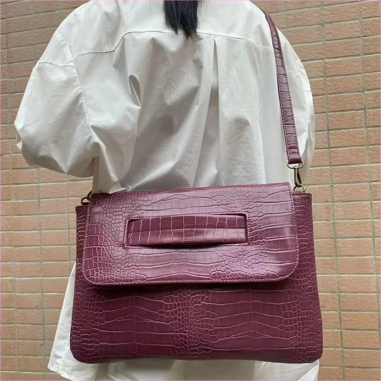 Brown Crocodile Pattern Clutch Bag with Sleeve for Document Storage - Pleasures and Sins