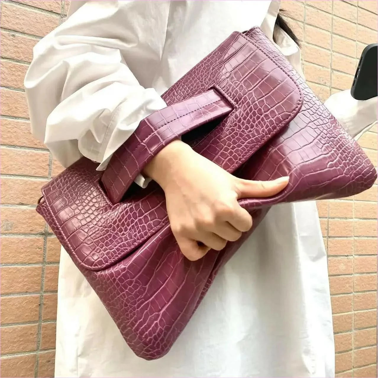 Brown Crocodile Pattern Clutch Bag with Sleeve for Document Storage - Pleasures and Sins