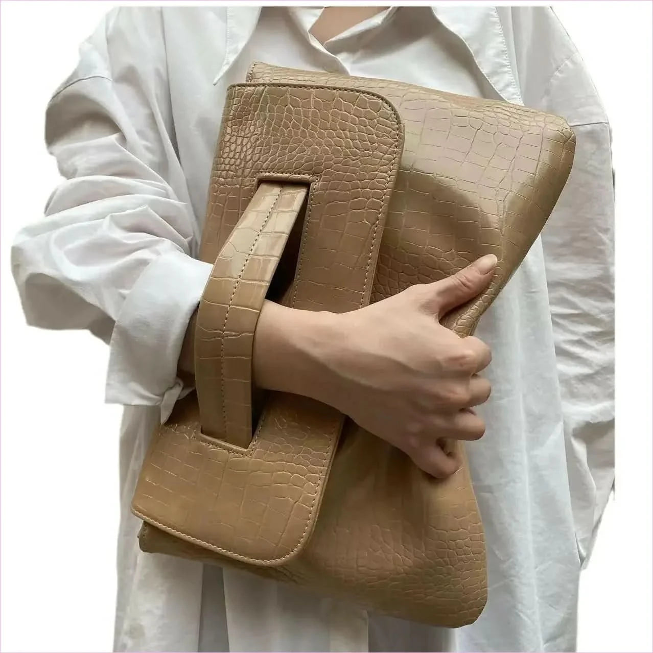 Brown Crocodile Pattern Clutch Bag with Sleeve for Document Storage - Pleasures and Sins