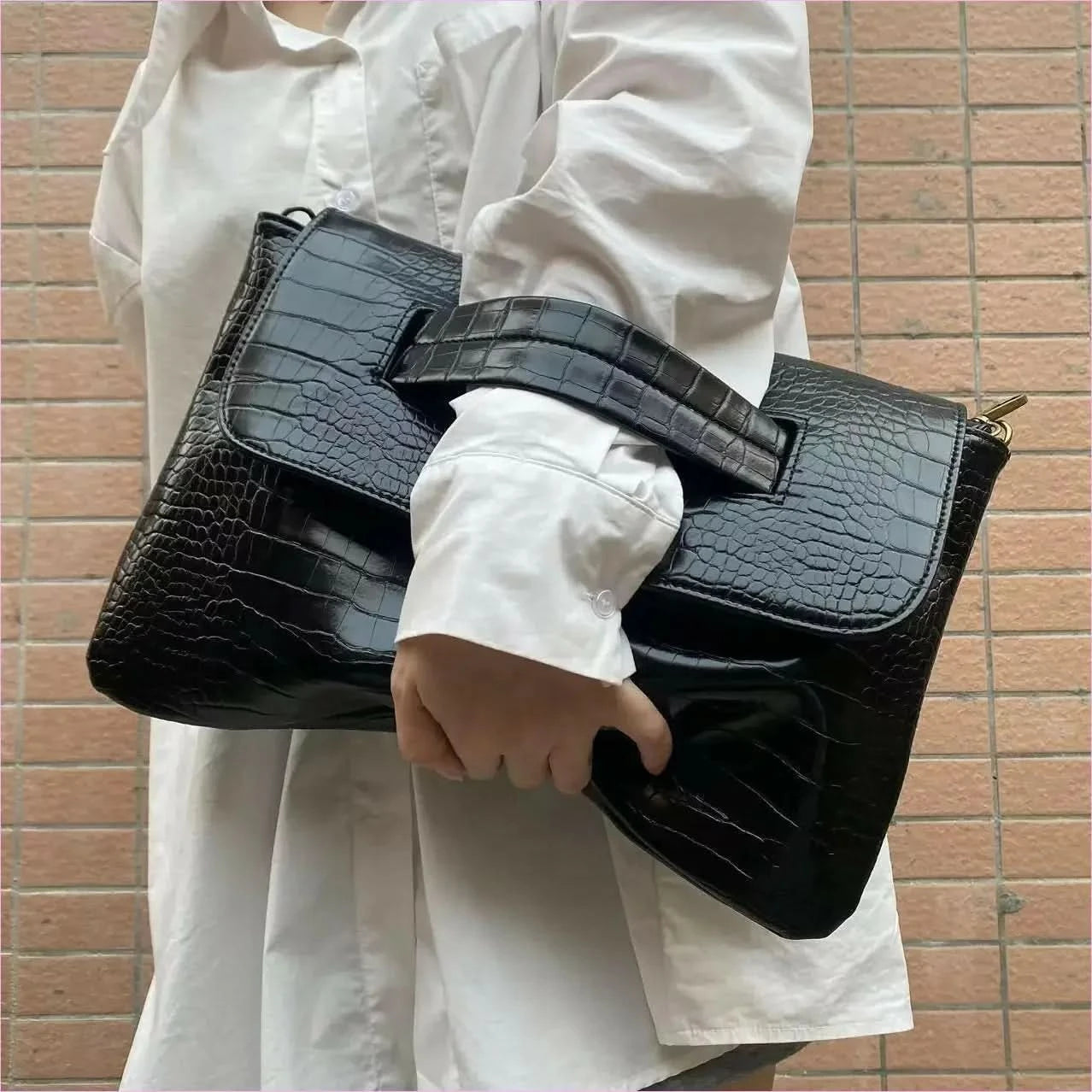 Brown Crocodile Pattern Clutch Bag with Sleeve for Document Storage - Pleasures and Sins