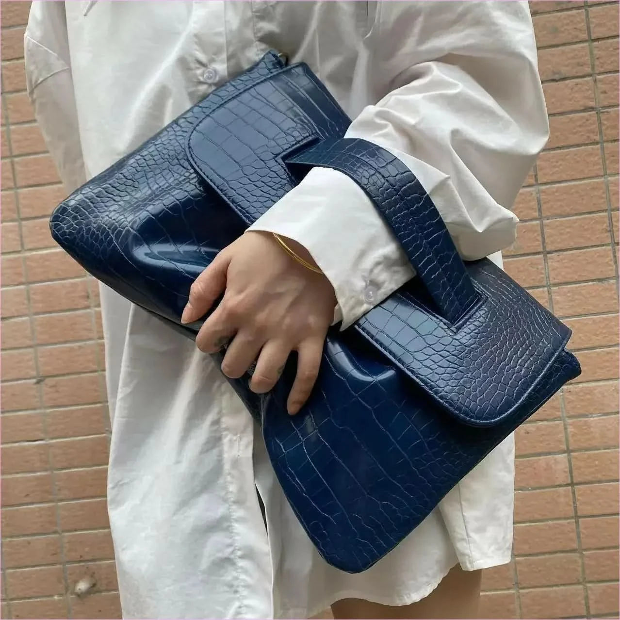 Brown Crocodile Pattern Clutch Bag with Sleeve for Document Storage - Pleasures and Sins
