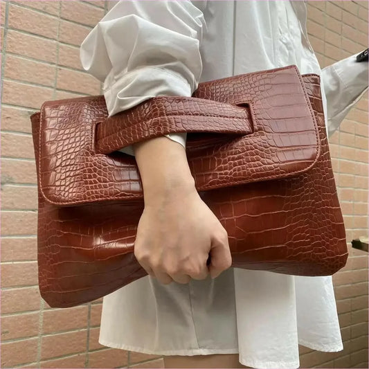 Brown Crocodile Pattern Clutch Bag with Sleeve for Document Storage - Pleasures and Sins