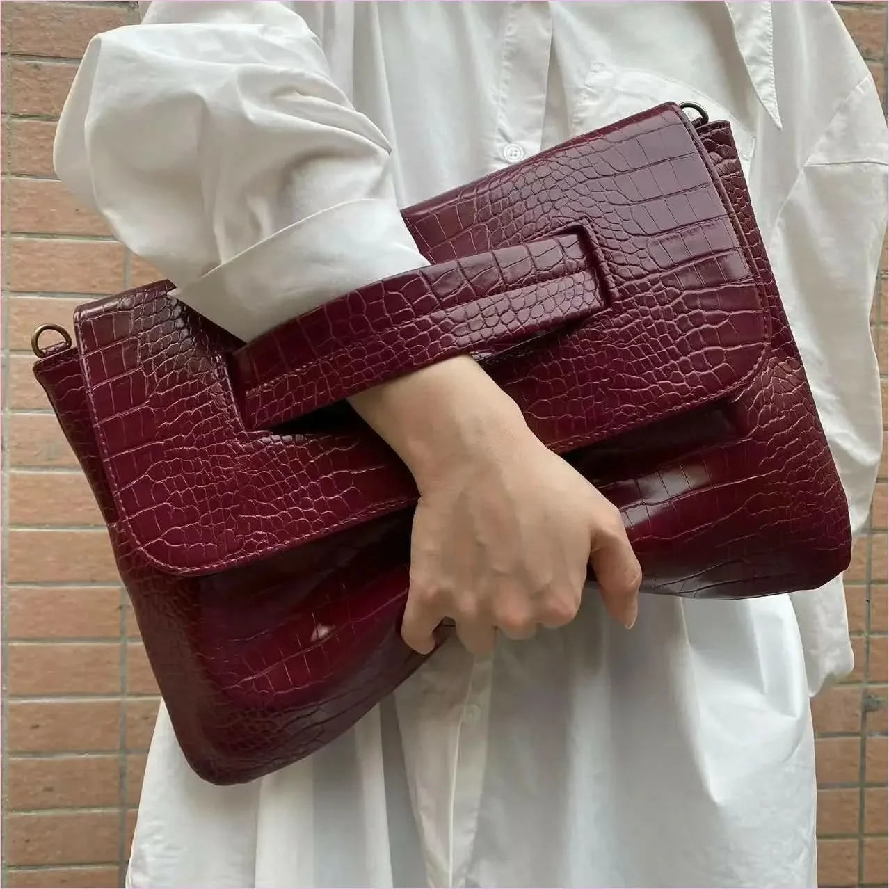Brown Crocodile Pattern Clutch Bag with Sleeve for Document Storage - Pleasures and Sins